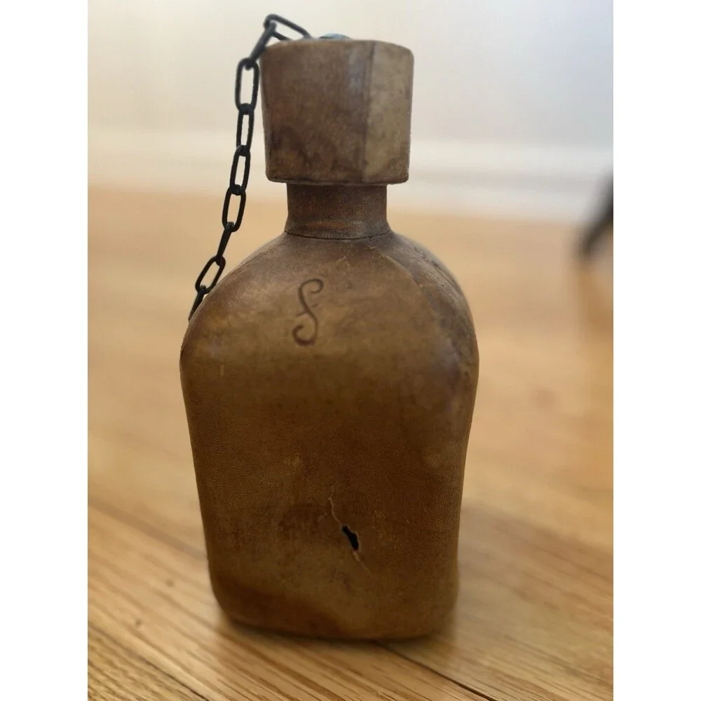 Glass Decanter Bottle Tooled Leather Wrapped with Cap & Chain Vintage